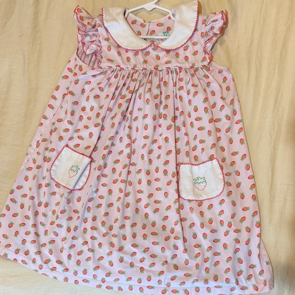 Pink Strawberry Print Girls' Casual Dress with Peter Pan Collar
